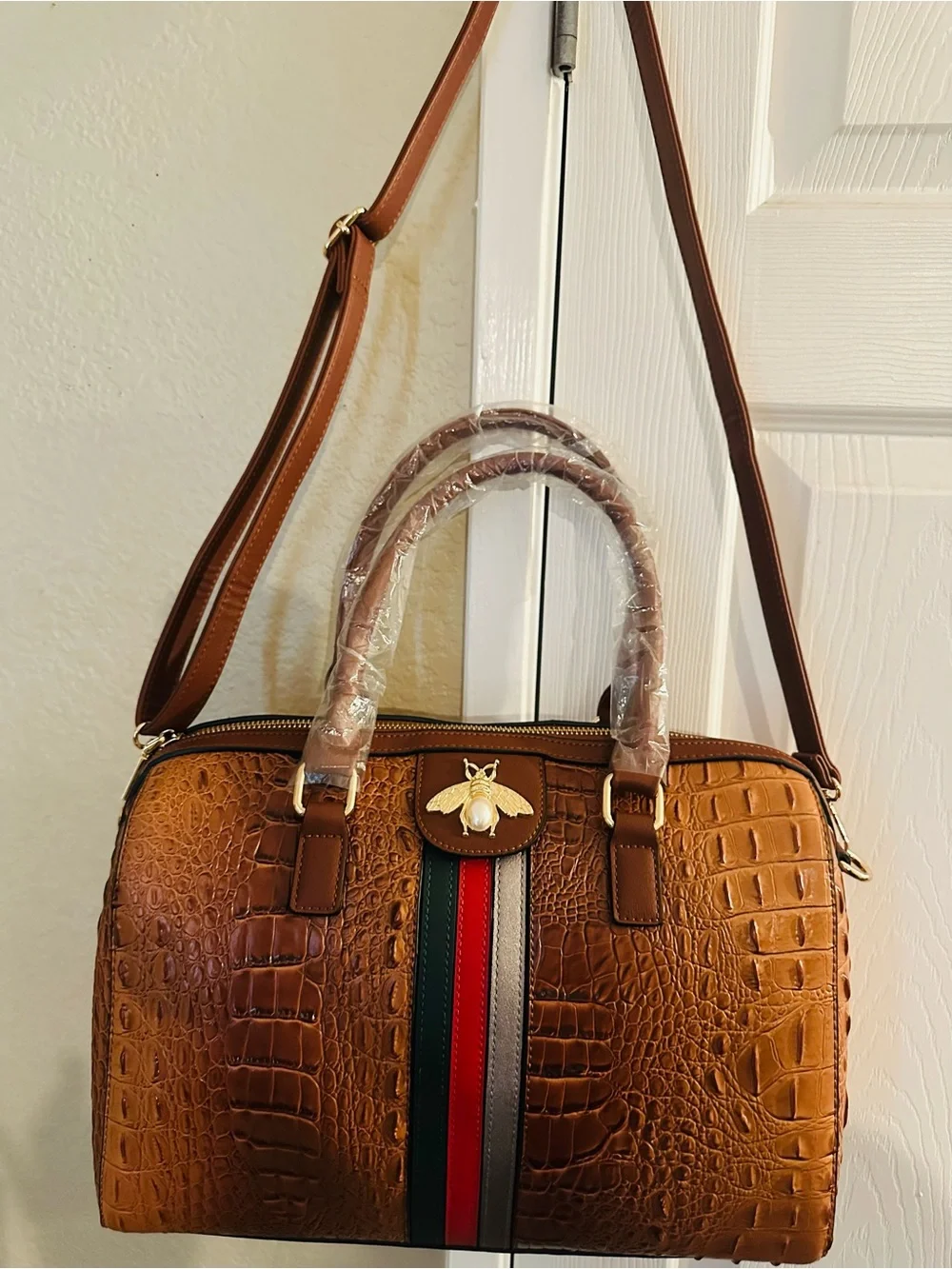Brown Croc-Embossed Satchel including smaller shoulder bag and matching wallet